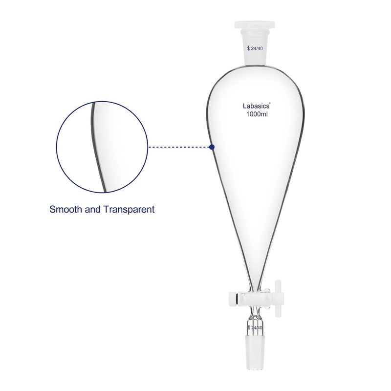 Labasics 1000 ml Conical Pear-Shaped Separatory Funnel with PTFE Stopcock, Heavy Wall Borosilicate Glass with 24/40 Joints - Image 2